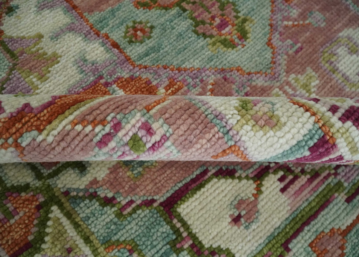 Custom Made Transitional Pink, Green and Ivory Turkish Design wool Area Rug.