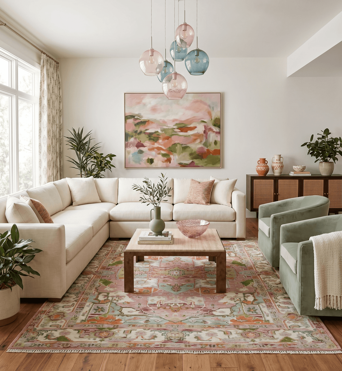 Custom Made Transitional Pink, Green and Ivory Turkish Design wool Area Rug.