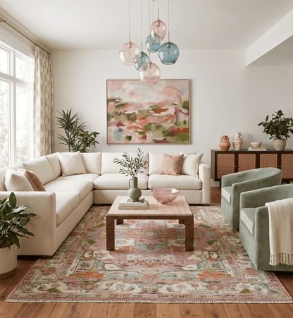 Custom Made Transitional Pink, Green and Ivory Turkish Design wool Area Rug.