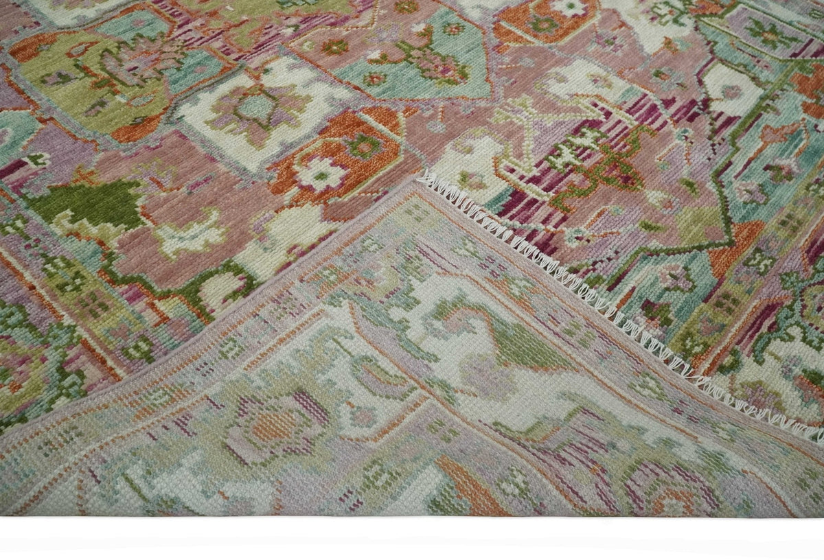 Custom Made Transitional Pink, Green and Ivory Turkish Design wool Area Rug.