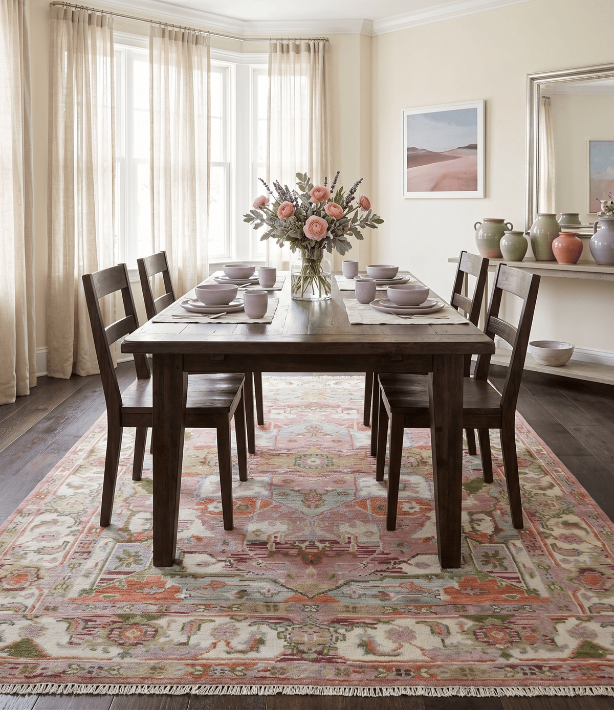Custom Made Transitional Pink, Green and Ivory Turkish Design wool Area Rug.