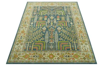 Custom Made Tree of Life Beige And Teal Floral Design Hand Tufted  Wool Area Rug.