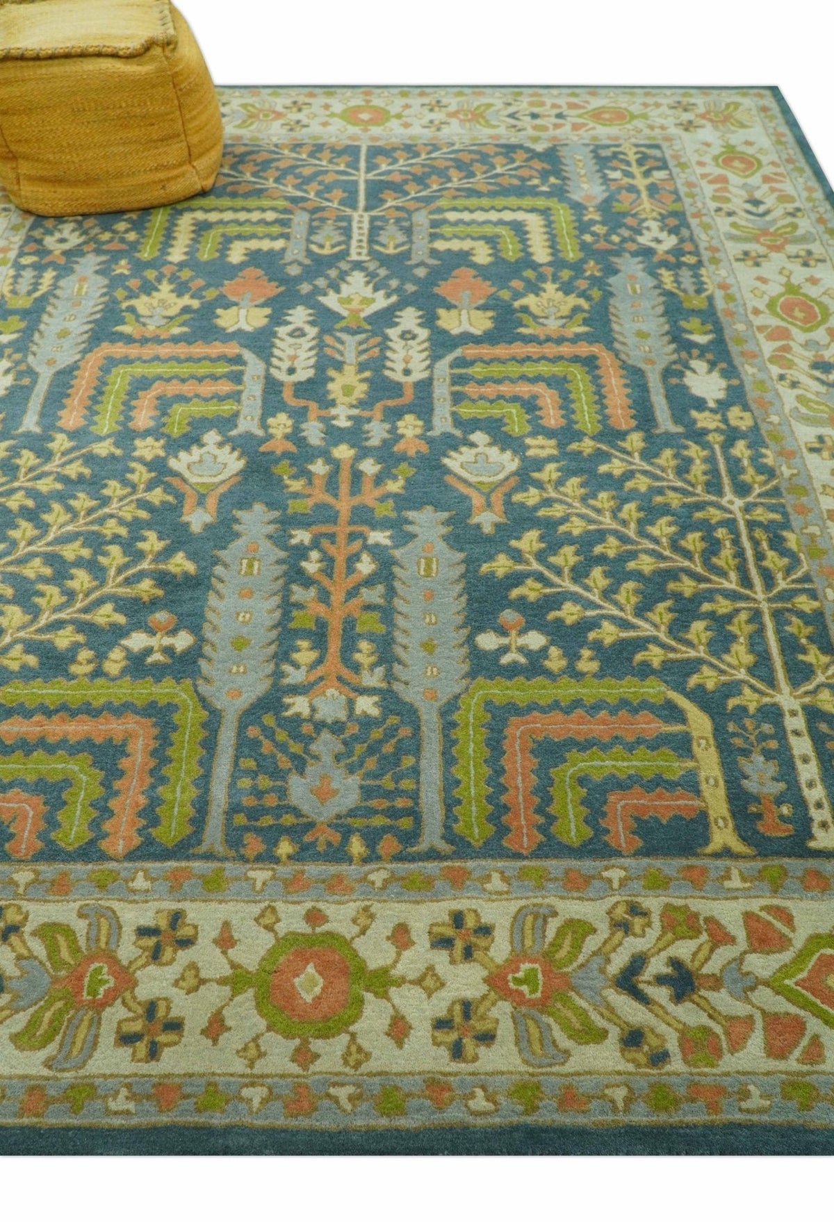 Custom Made Tree of Life Beige And Teal Floral Design Hand Tufted  Wool Area Rug.