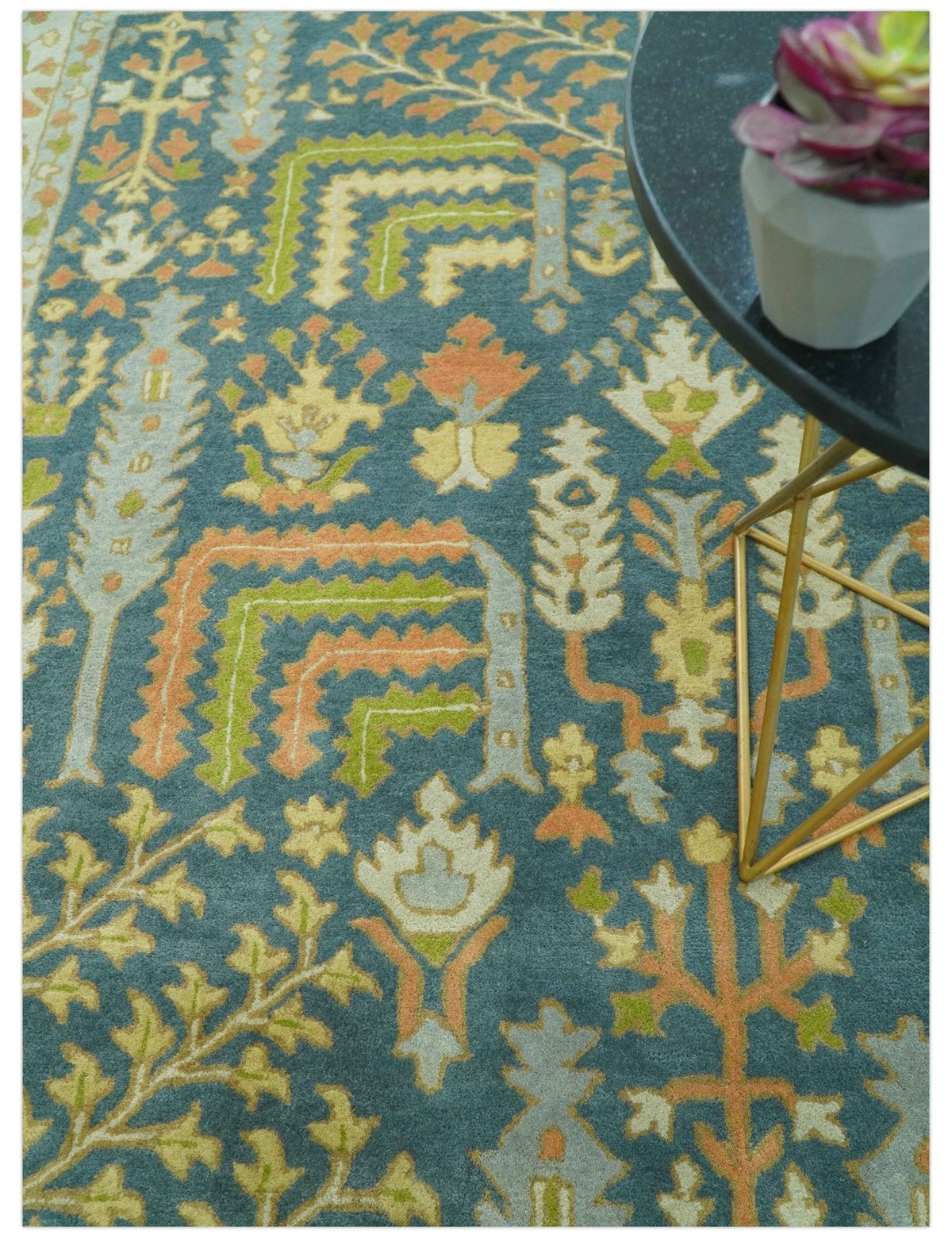 Custom Made Tree of Life Beige And Teal Floral Design Hand Tufted  Wool Area Rug.