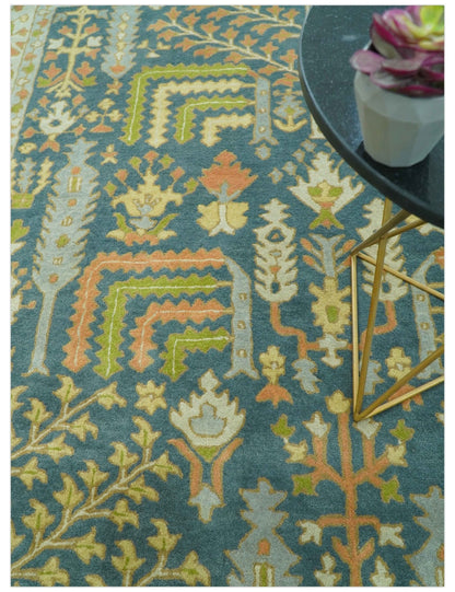 Custom Made Tree of Life Beige And Teal Floral Design Hand Tufted  Wool Area Rug.