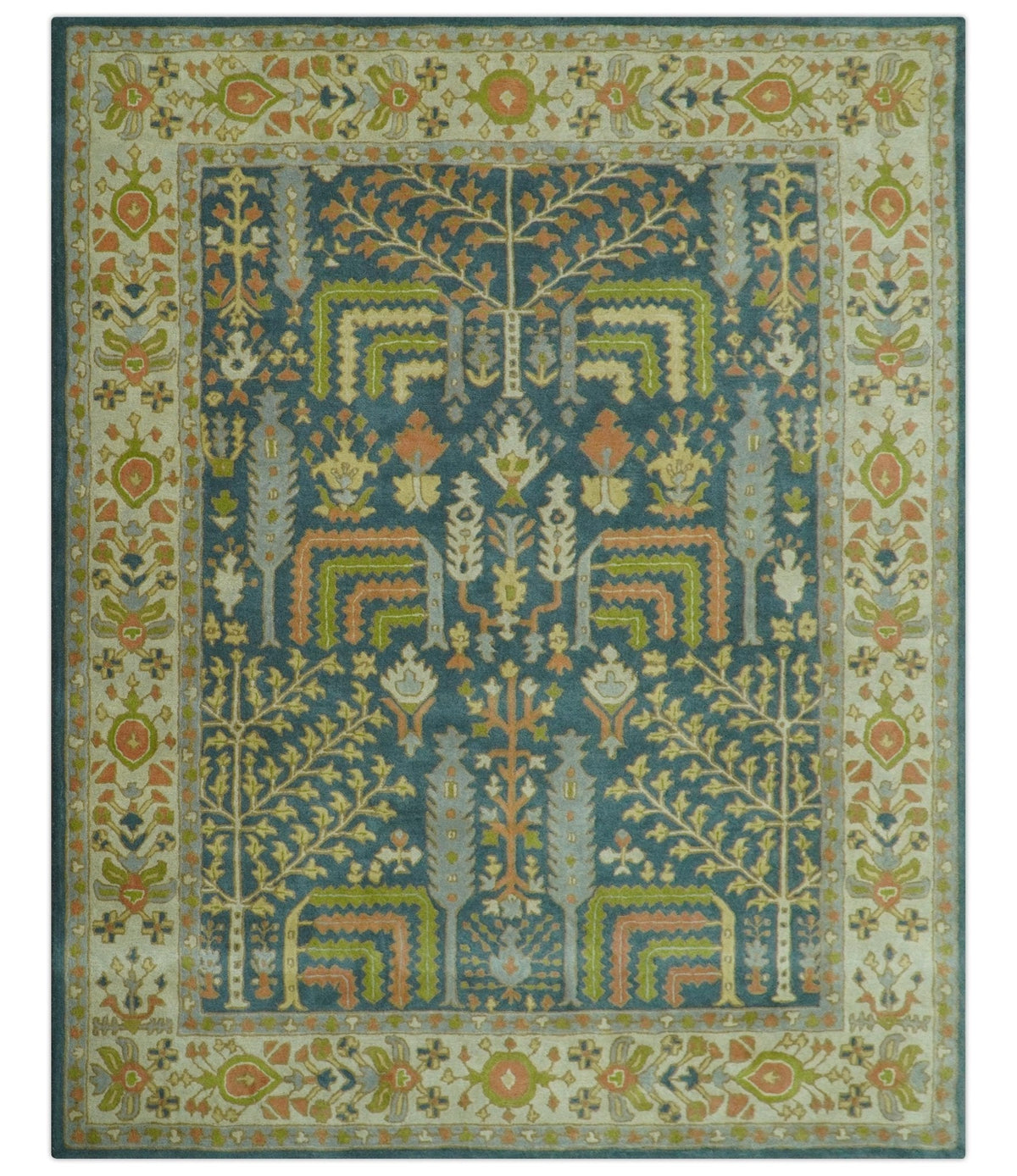 Custom Made Tree of Life Beige And Teal Floral Design Hand Tufted  Wool Area Rug.
