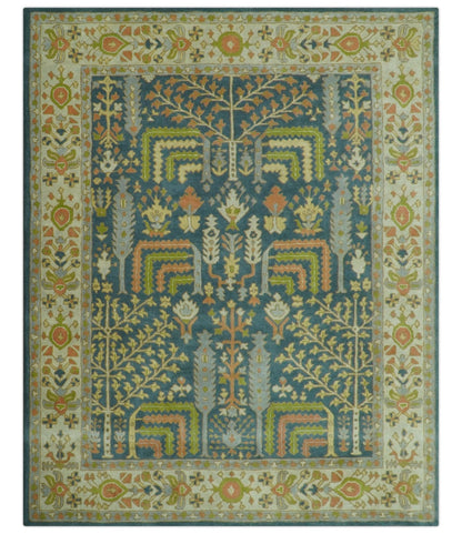 Custom Made Tree of Life Beige And Teal Floral Design Hand Tufted  Wool Area Rug.
