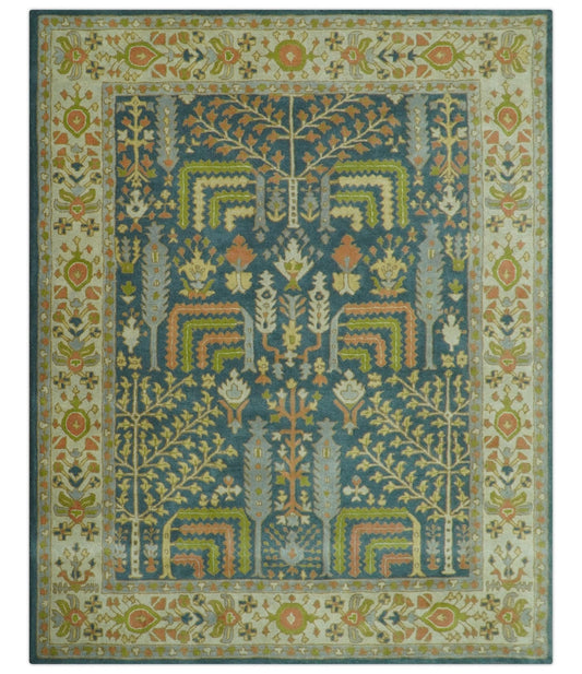 Custom Made Tree of Life Beige And Teal Floral Design Hand Tufted  Wool Area Rug.