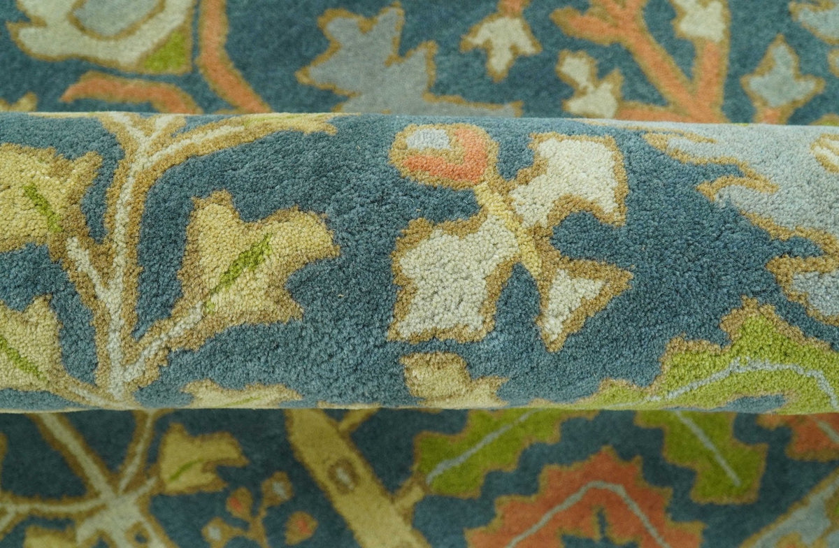 Custom Made Tree of Life Beige And Teal Floral Design Hand Tufted  Wool Area Rug.