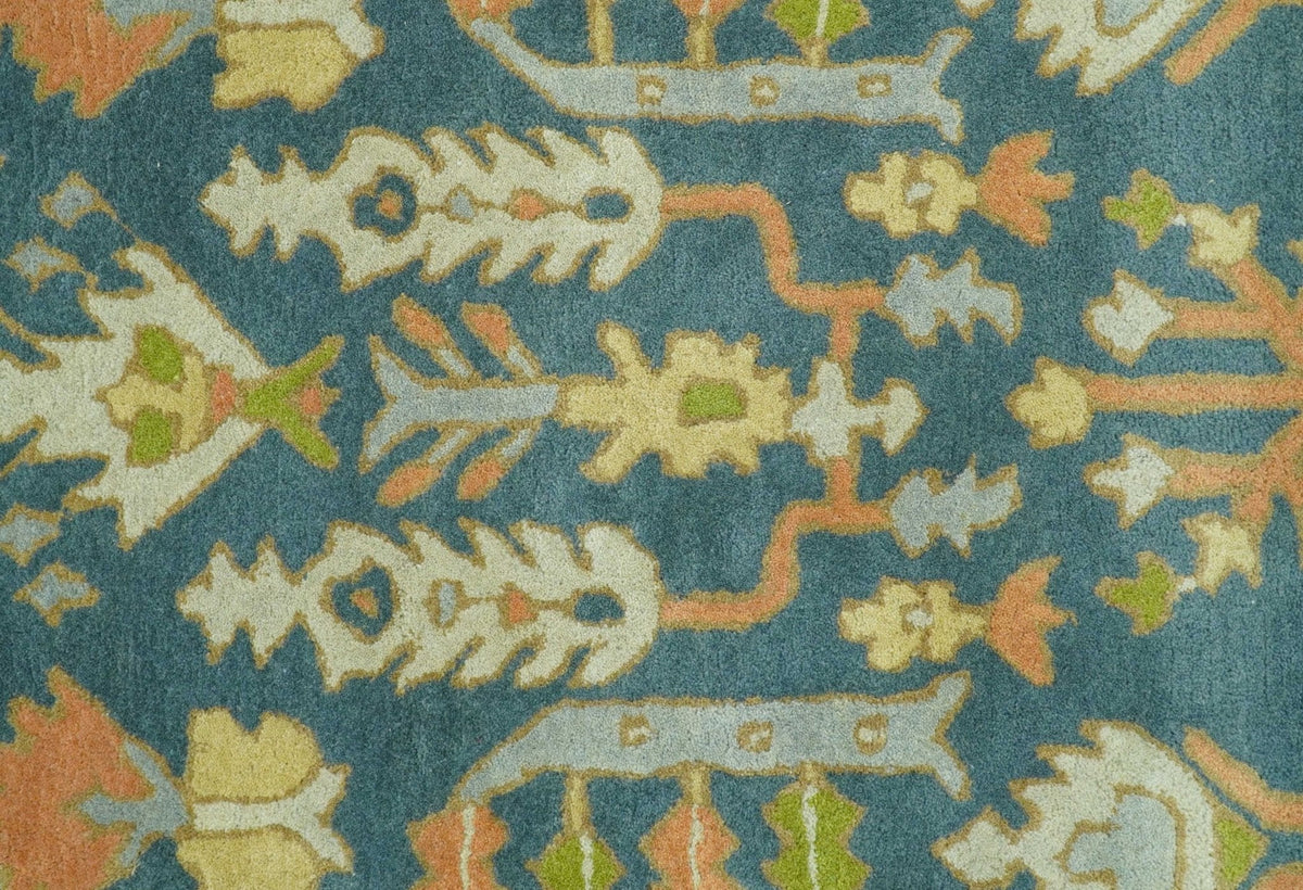 Custom Made Tree of Life Beige And Teal Floral Design Hand Tufted  Wool Area Rug.