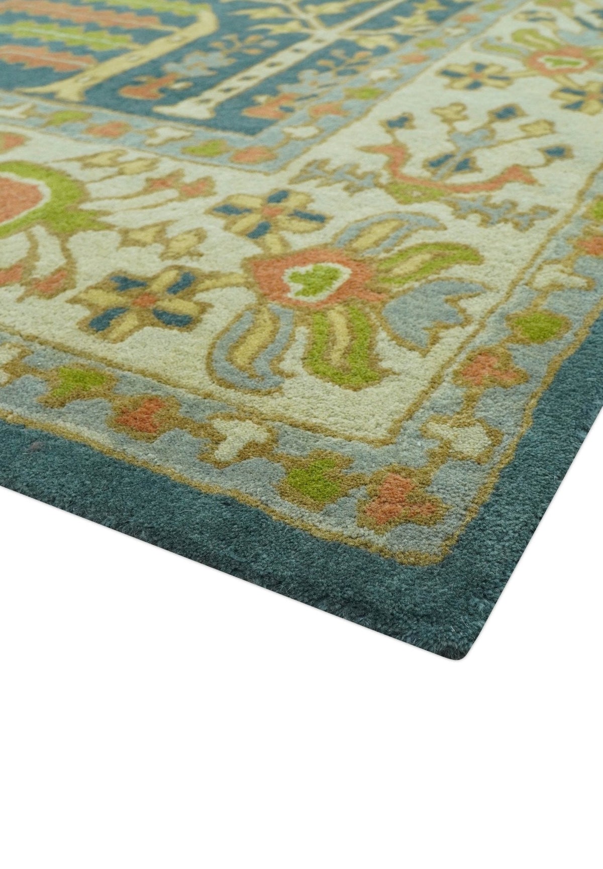 Custom Made Tree of Life Beige And Teal Floral Design Hand Tufted  Wool Area Rug.