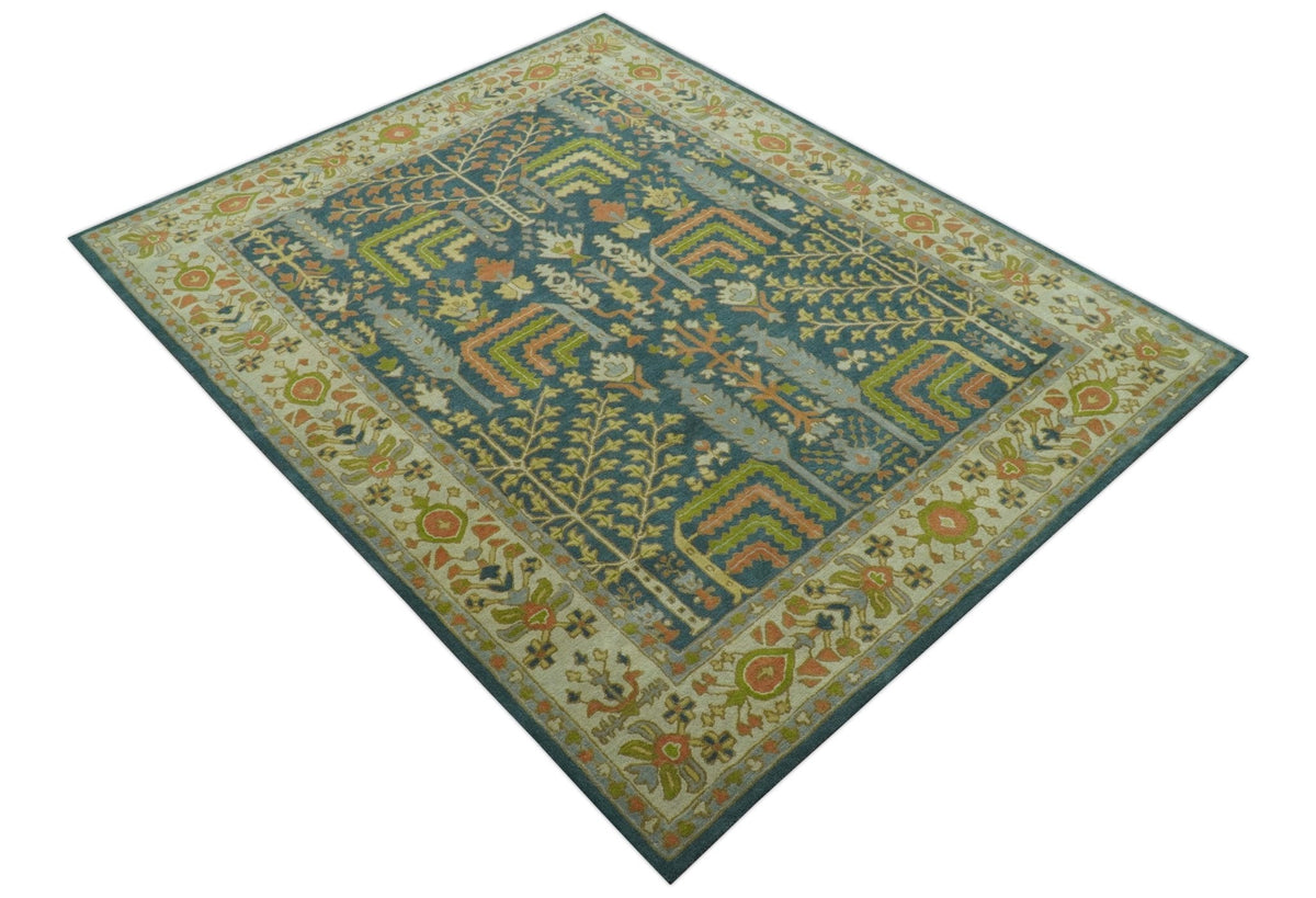 Custom Made Tree of Life Beige And Teal Floral Design Hand Tufted  Wool Area Rug.