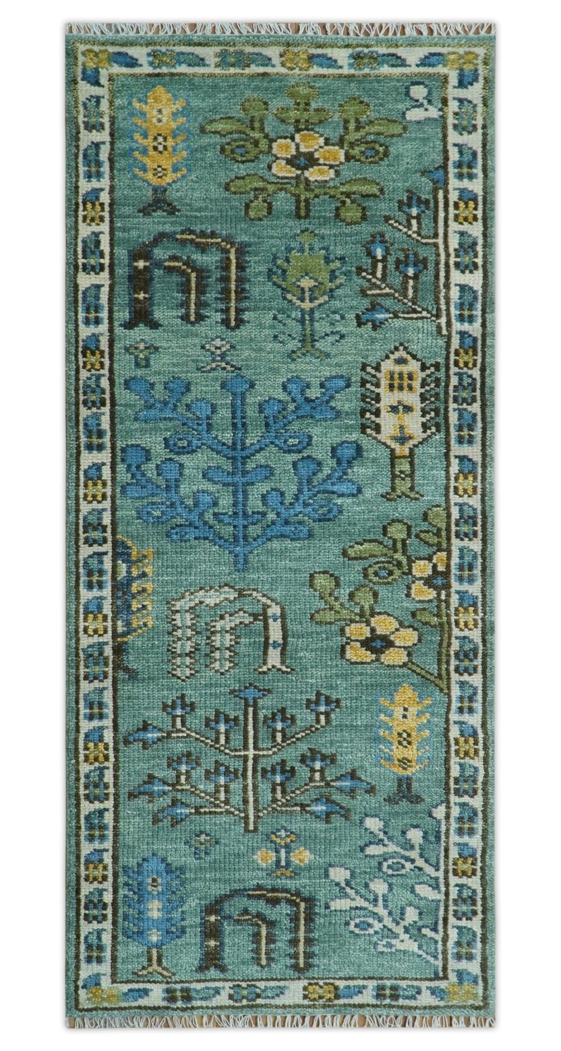 Custom Made Tree of Life Green Hand Knotted Runner Wool Rug.
