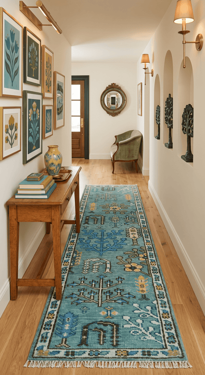Custom Made Tree of Life Green Hand Knotted Runner Wool Rug.