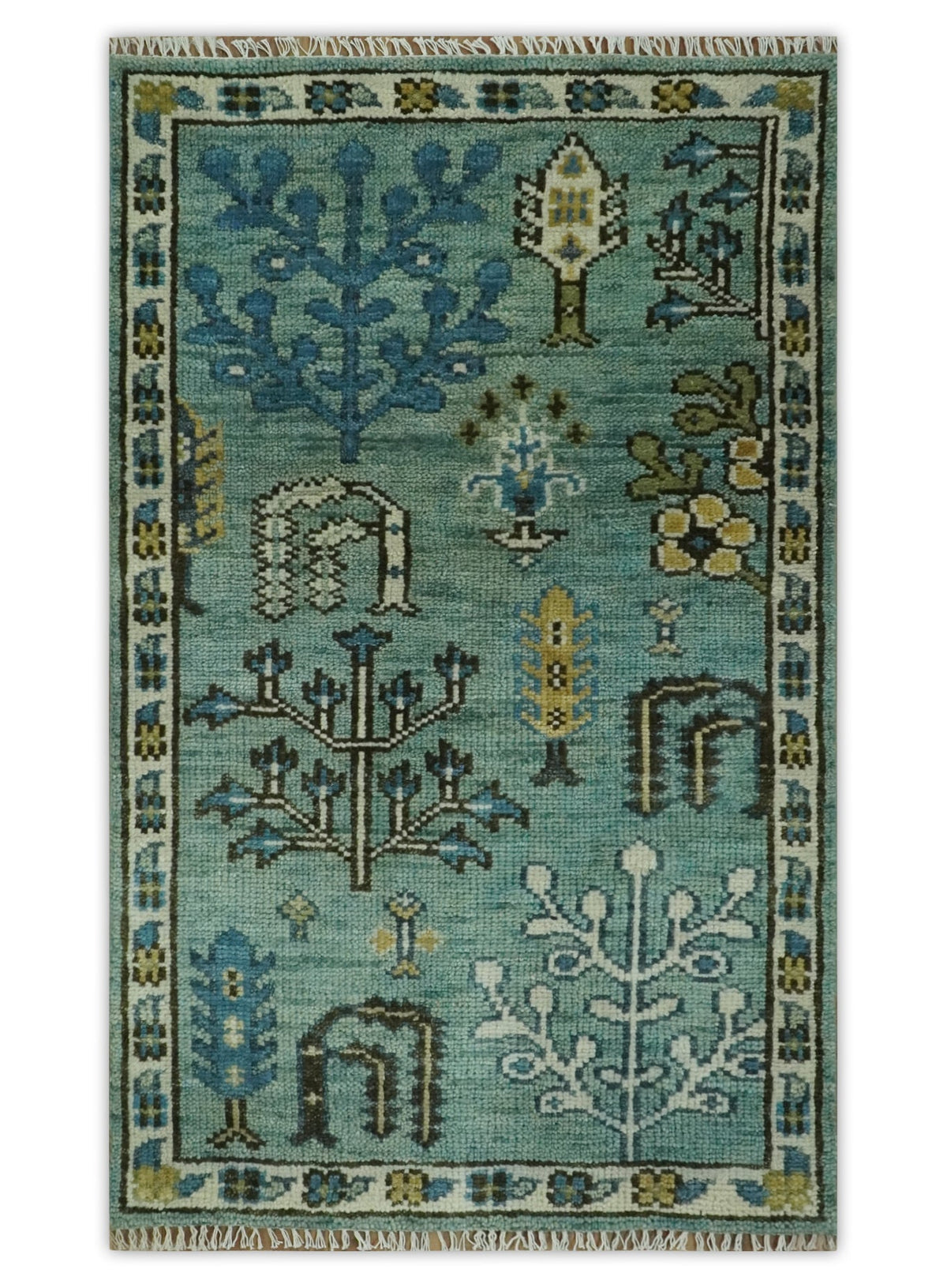 Custom Made Tree of Life Green Hand Knotted Runner Wool Rug.