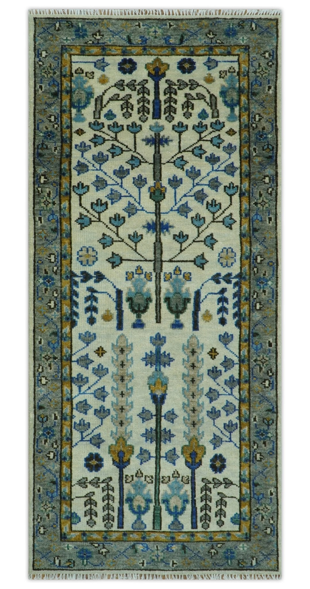 Custom Made Tree of life Hand Knotted Antique Ivory, Blue and Gray Wool area Rug.