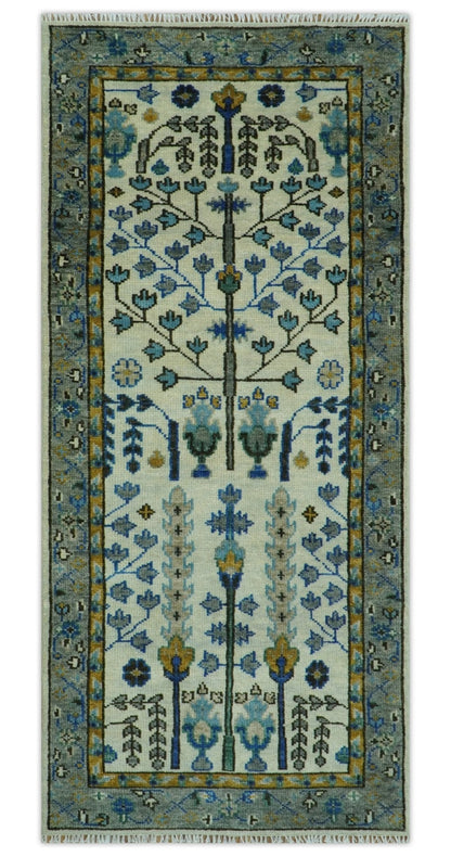 Custom Made Tree of life Hand Knotted Antique Ivory, Blue and Gray Wool area Rug.