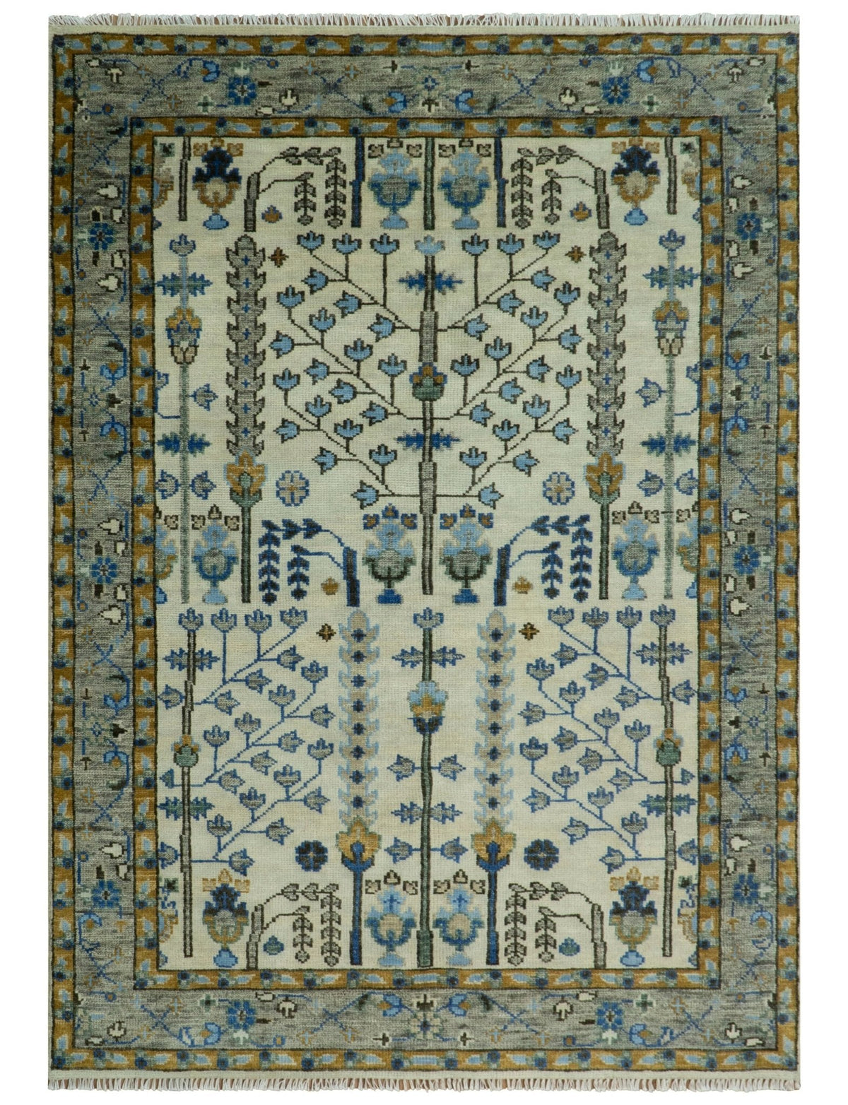 Custom Made Tree of life Hand Knotted Antique Ivory, Blue and Gray Wool area Rug.