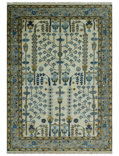 Custom Made Tree of life Hand Knotted Antique Ivory, Blue and Gray Wool area Rug.