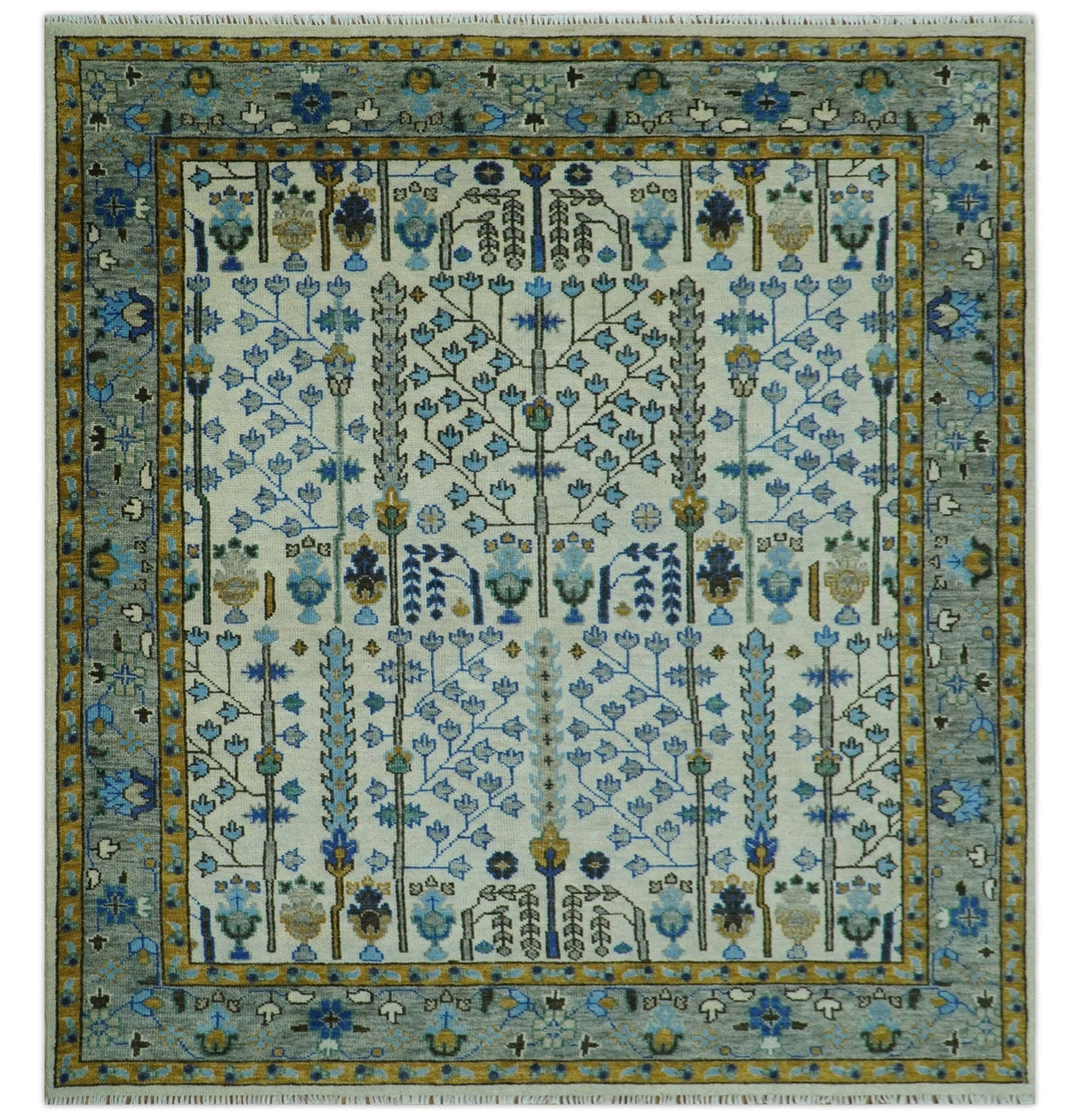 Custom Made Tree of life Hand Knotted Antique Ivory, Blue and Gray Wool area Rug.