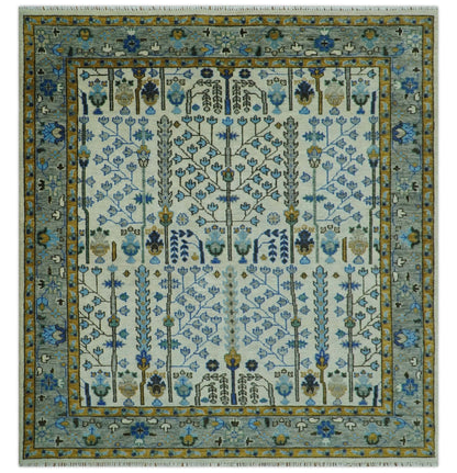 Custom Made Tree of life Hand Knotted Antique Ivory, Blue and Gray Wool area Rug.