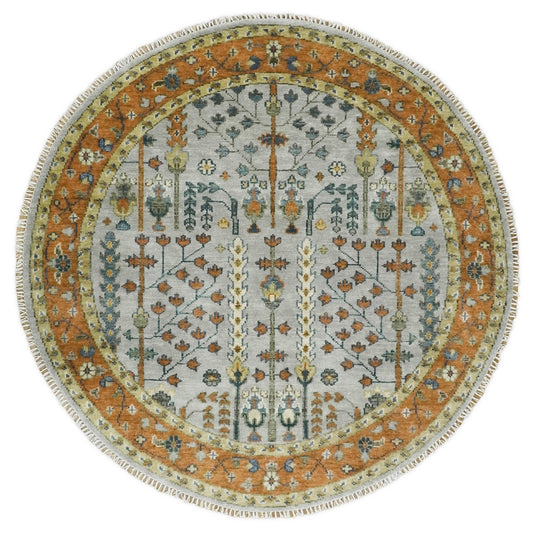 Custom Made Tree of life Rust And Silver Round Hand Knotted Wool Rug.