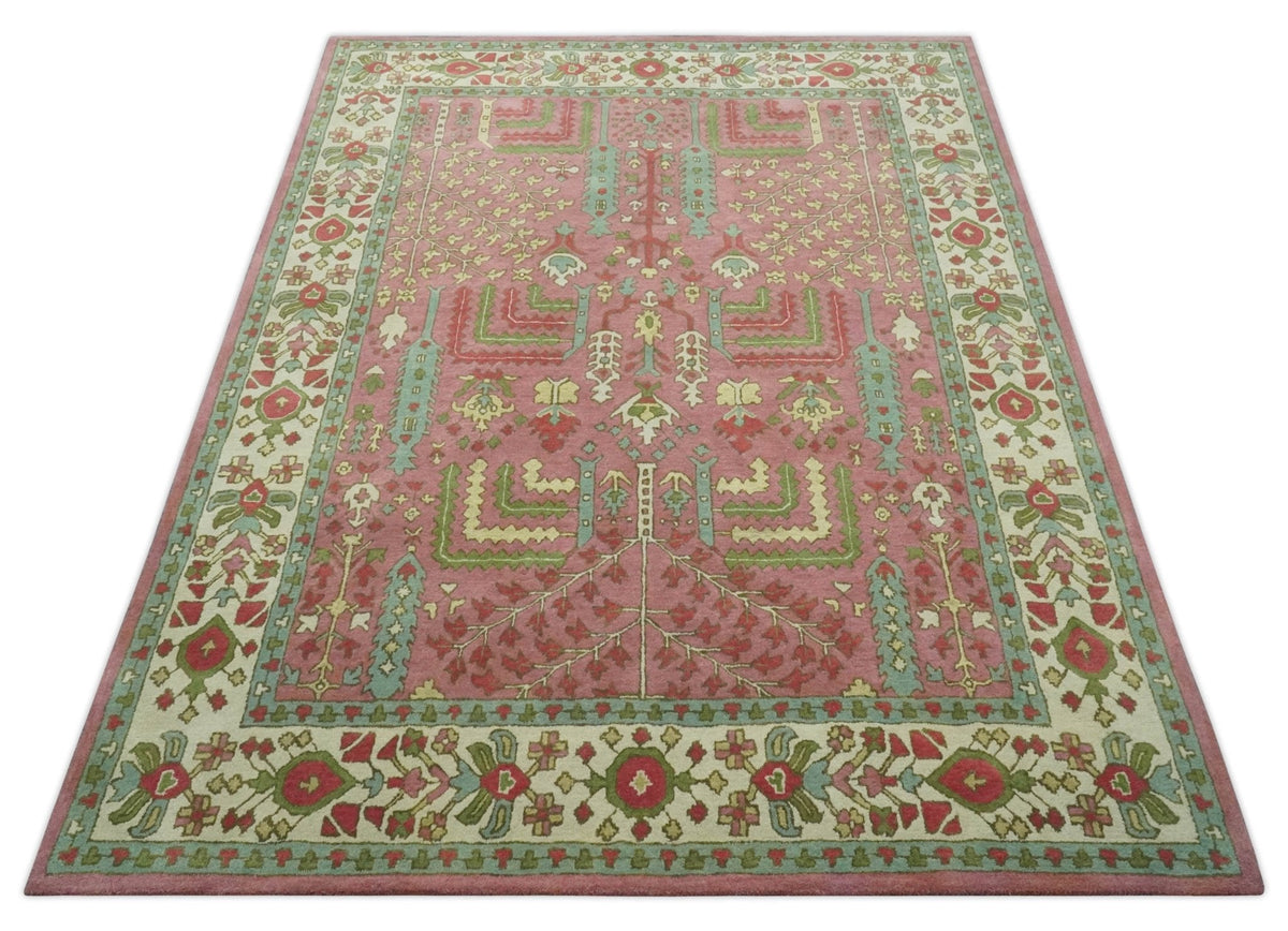Custom Made Tree of life Traditional Floral Dark Peach, Beige and Green wool Area Rug.