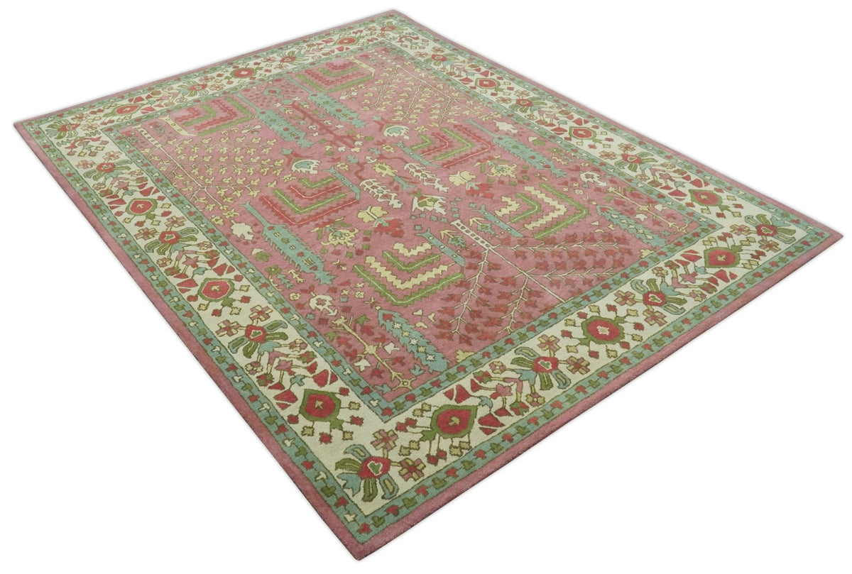 Custom Made Tree of life Traditional Floral Dark Peach, Beige and Green wool Area Rug.