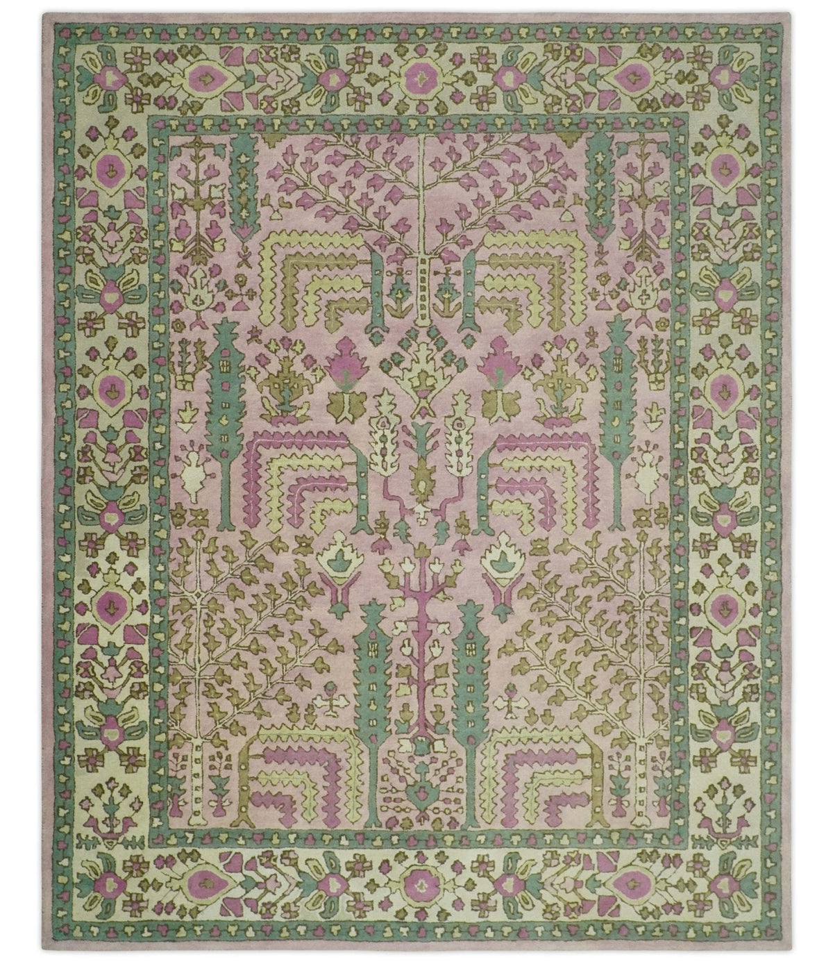 Custom Made Tree of life Traditional Floral Light Purple, Green, Olive and Beige Hand Tufted wool Area Rug.
