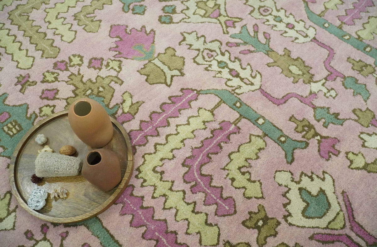 Custom Made Tree of life Traditional Floral Light Purple, Green, Olive and Beige Hand Tufted wool Area Rug.