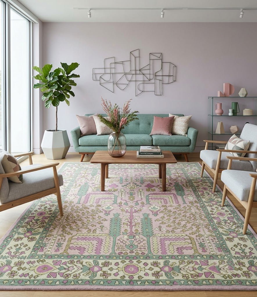 Custom Made Tree of life Traditional Floral Light Purple, Green, Olive and Beige Hand Tufted wool Area Rug.
