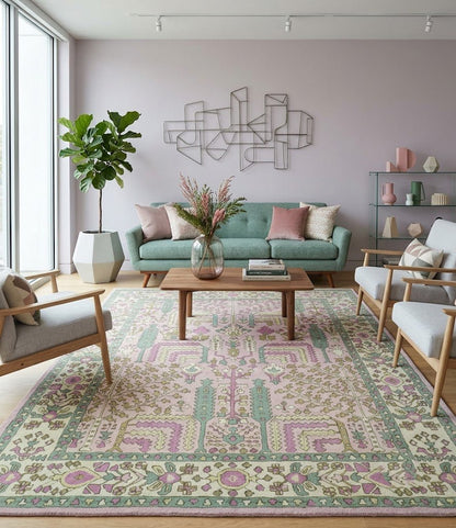 Custom Made Tree of life Traditional Floral Light Purple, Green, Olive and Beige Hand Tufted wool Area Rug.
