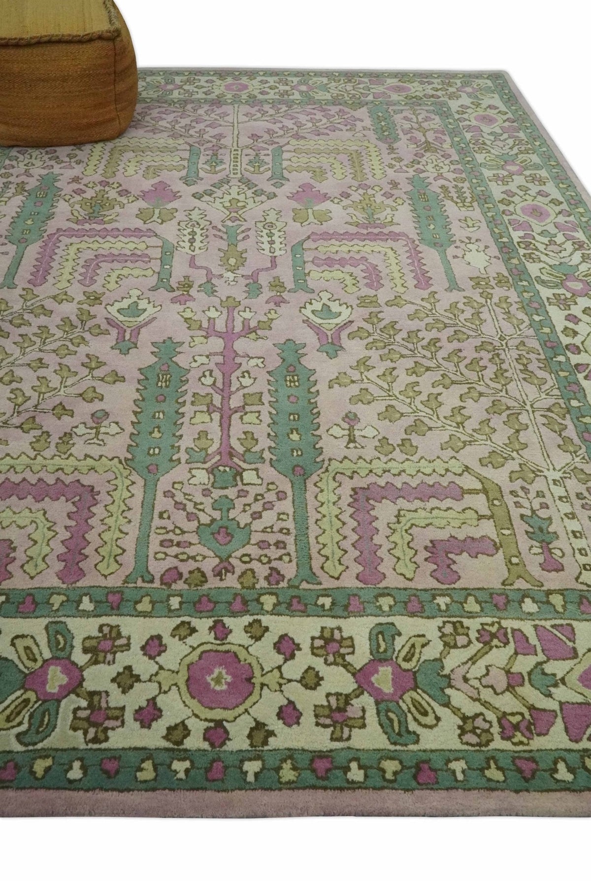 Custom Made Tree of life Traditional Floral Light Purple, Green, Olive and Beige Hand Tufted wool Area Rug.