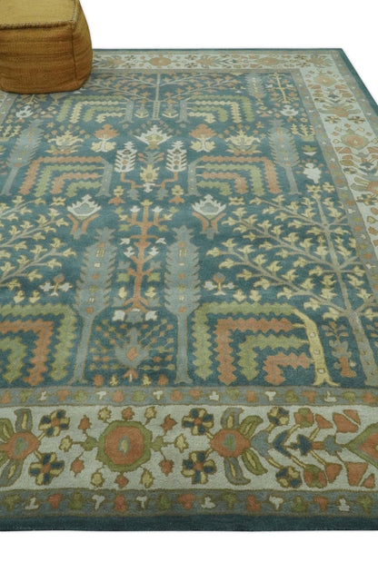 Custom Made Tree of life Traditional Teal, Silver, Green and Dark Peach wool Rug.