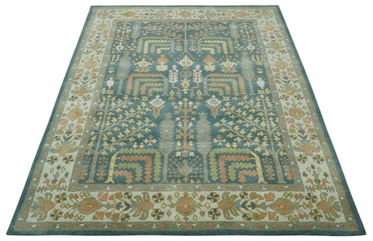 Custom Made Tree of life Traditional Teal, Silver, Green and Dark Peach wool Rug.