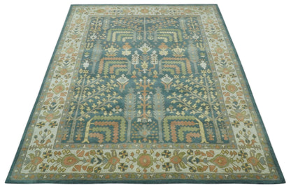 Custom Made Tree of life Traditional Teal, Silver, Green and Dark Peach wool Rug.