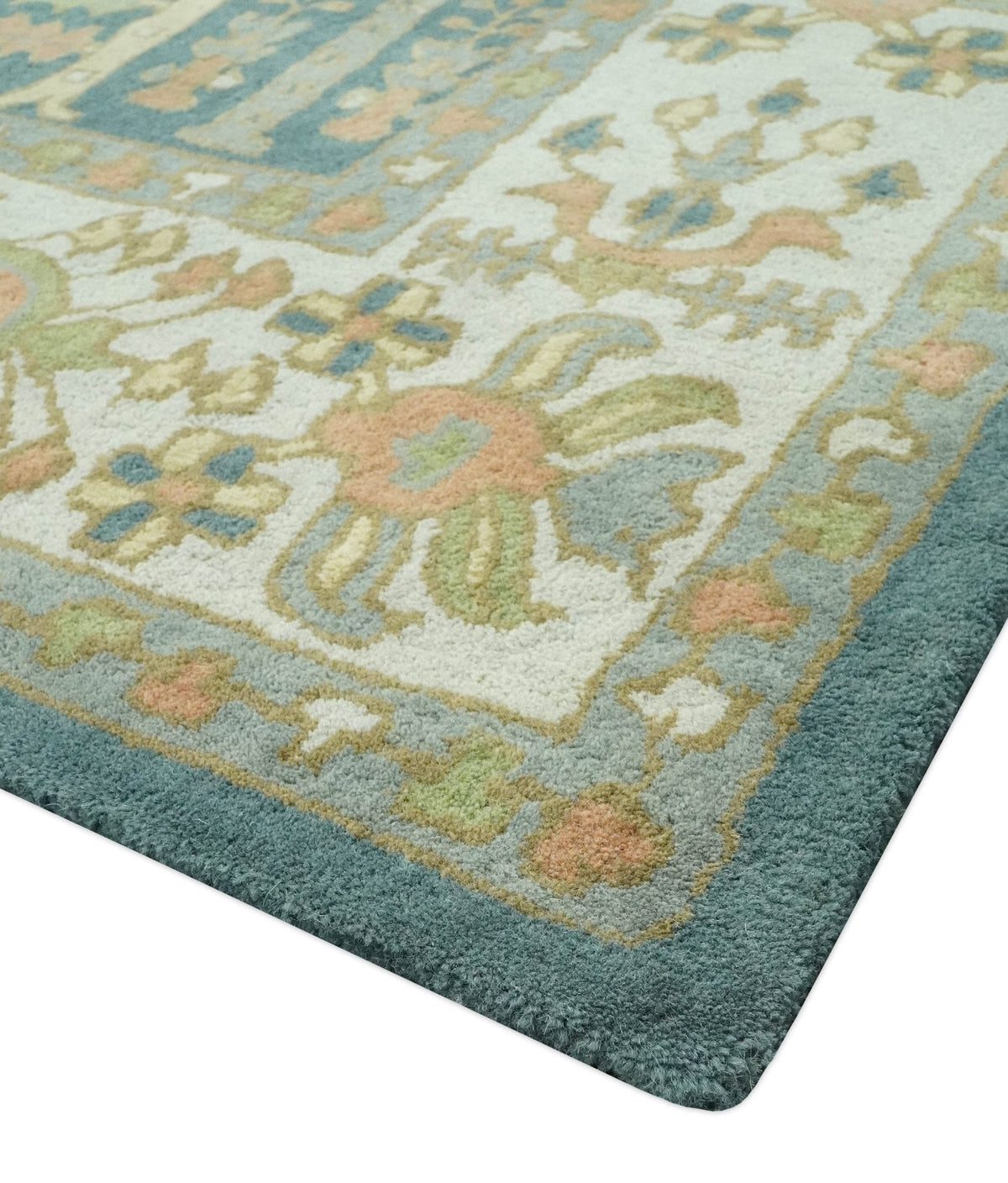 Custom Made Tree of life Traditional Teal, Silver, Green and Dark Peach wool Rug.