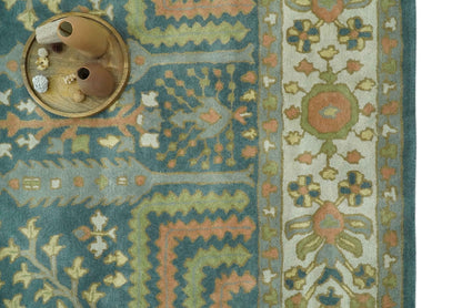 Custom Made Tree of life Traditional Teal, Silver, Green and Dark Peach wool Rug.