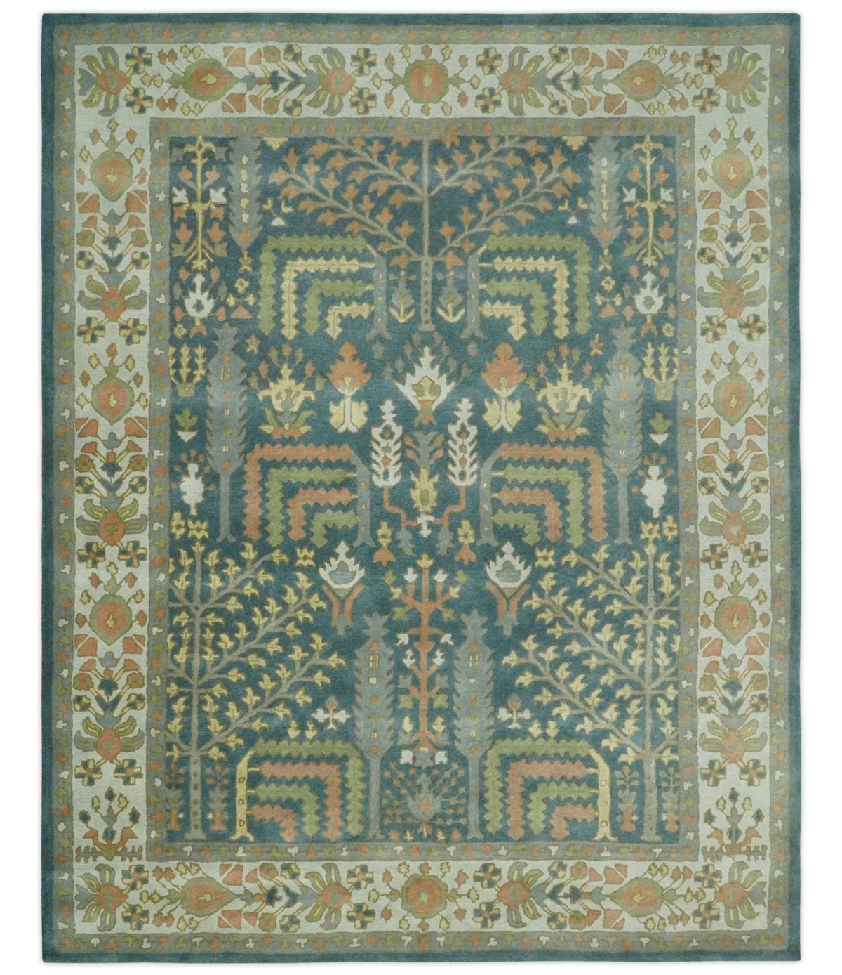 Custom Made Tree of life Traditional Teal, Silver, Green and Dark Peach wool Rug.