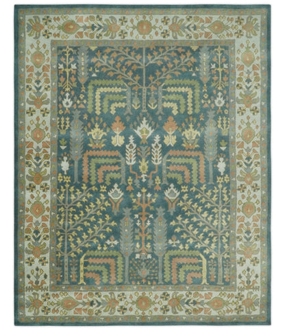 Custom Made Tree of life Traditional Teal, Silver, Green and Dark Peach wool Rug.