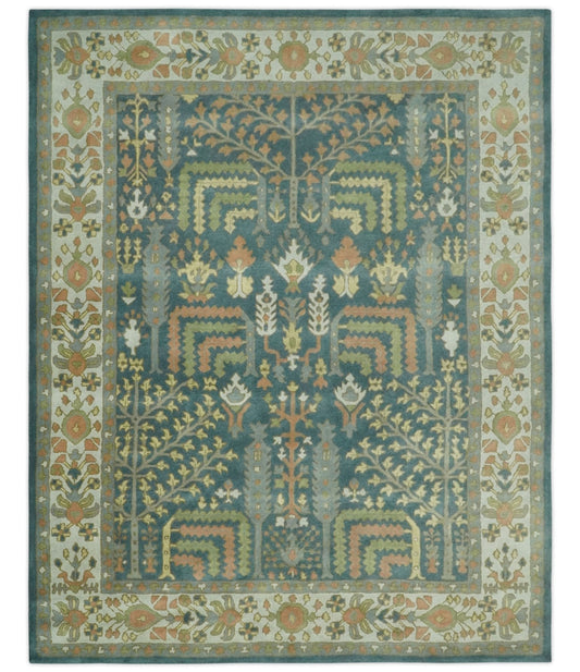 Custom Made Tree of life Traditional Teal, Silver, Green and Dark Peach wool Rug.
