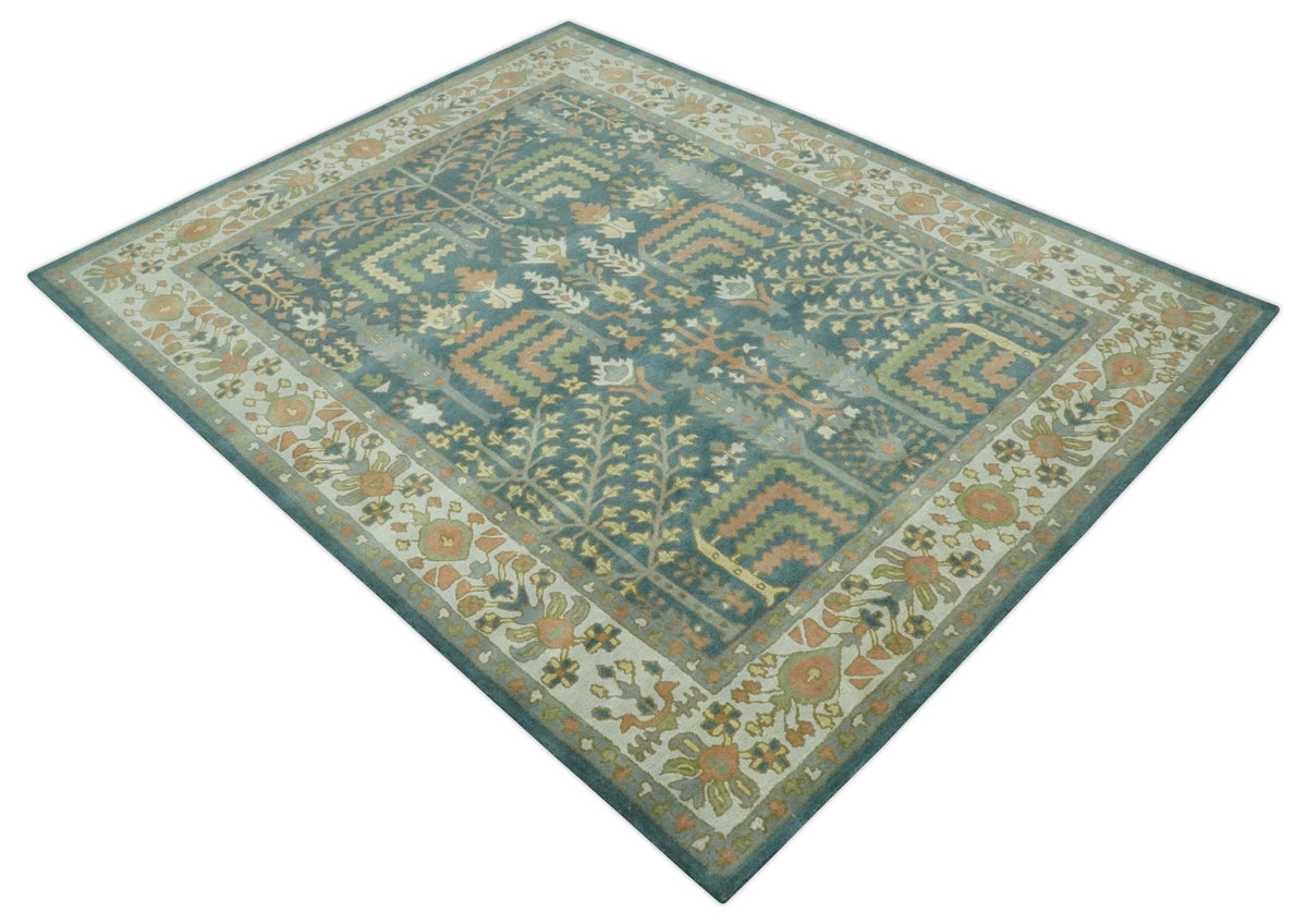 Custom Made Tree of life Traditional Teal, Silver, Green and Dark Peach wool Rug.