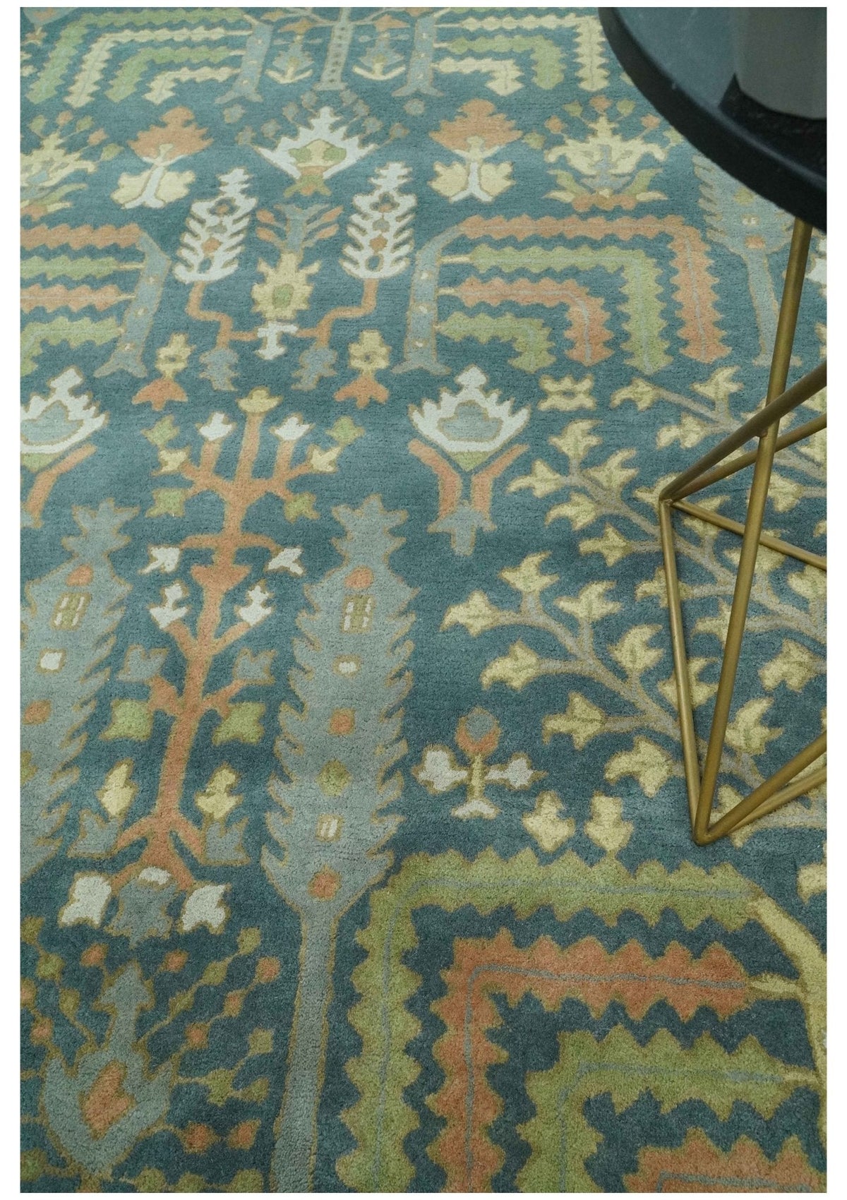 Custom Made Tree of life Traditional Teal, Silver, Green and Dark Peach wool Rug.