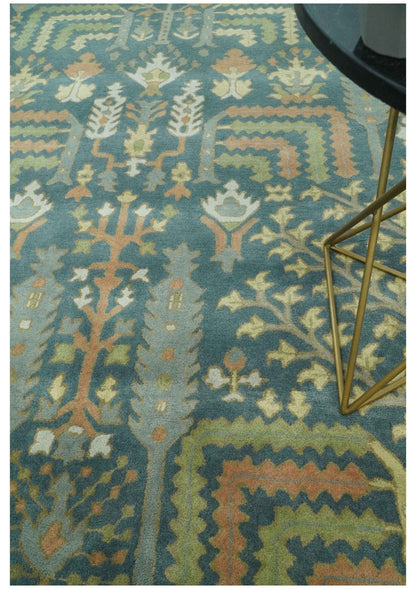 Custom Made Tree of life Traditional Teal, Silver, Green and Dark Peach wool Rug.