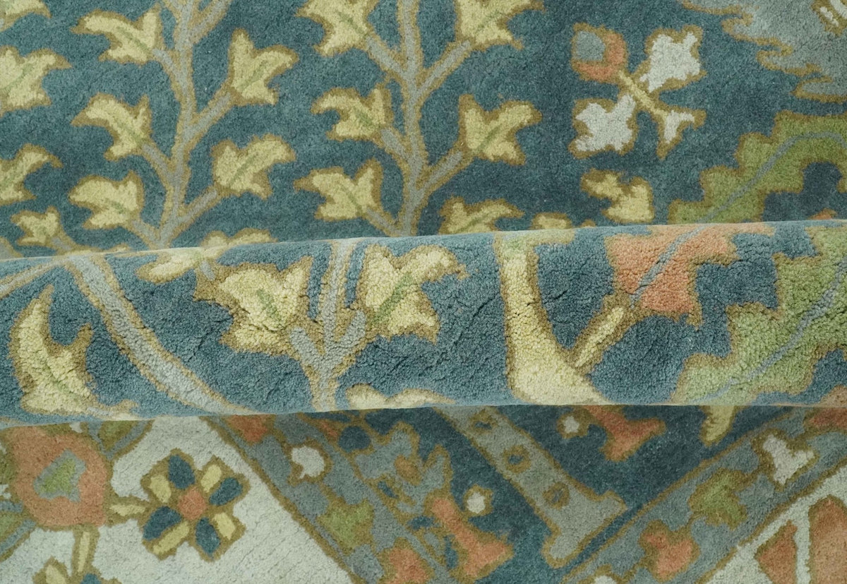 Custom Made Tree of life Traditional Teal, Silver, Green and Dark Peach wool Rug.