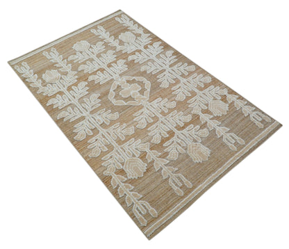 Custom Made Tribal Brown And Ivory Hand Knotted Wool and Jute Rug.
