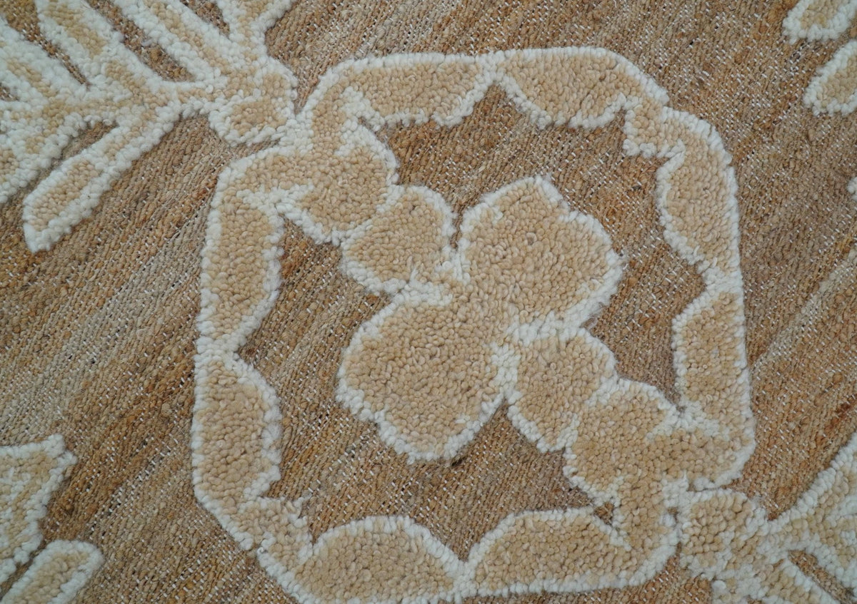 Custom Made Tribal Brown And Ivory Hand Knotted Wool and Jute Rug.