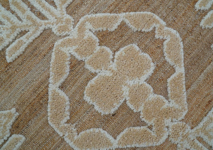 Custom Made Tribal Brown And Ivory Hand Knotted Wool and Jute Rug.