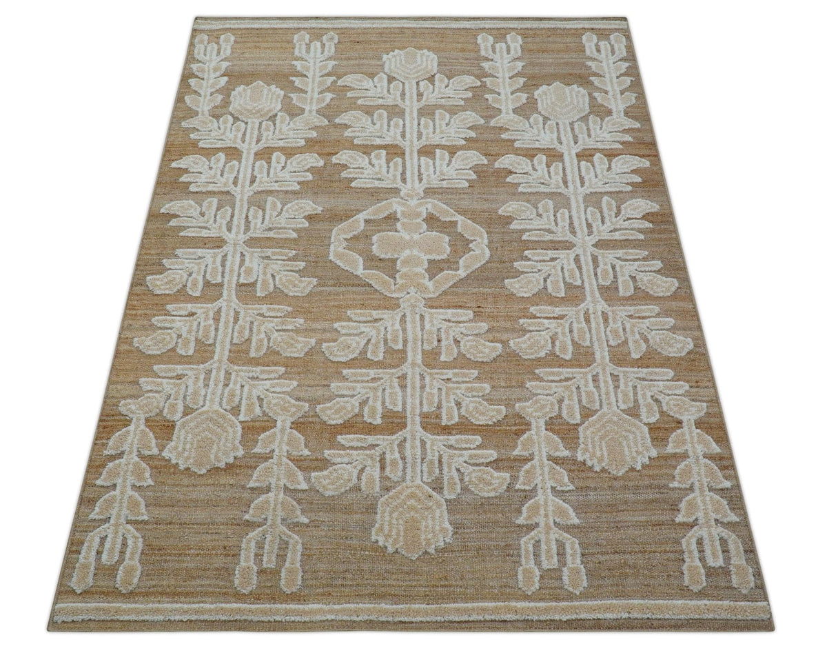 Custom Made Tribal Brown And Ivory Hand Knotted Wool and Jute Rug.