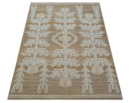 Custom Made Tribal Brown And Ivory Hand Knotted Wool and Jute Rug.